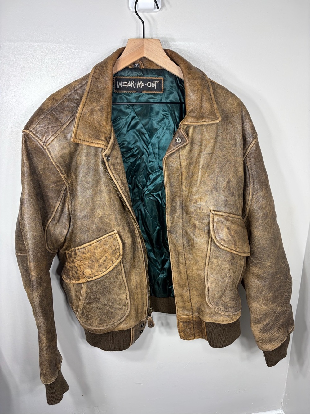 Vintage Wear Me Out Distressed Leather Bomber Jacket Brown Korea Mens 44
